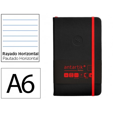 Cuaderno con gomilla antartik notes tapa dura a6 hojas rayas negro y rojo 100 hojas 80 gr fsc