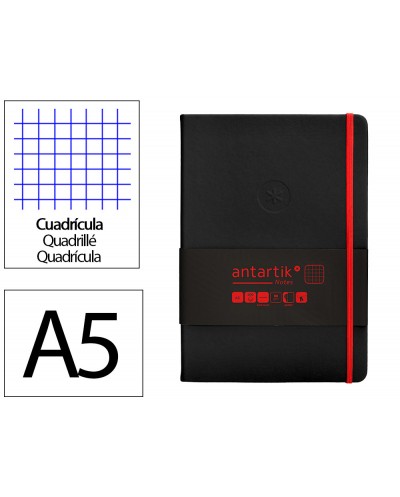 Cuaderno con gomilla antartik notes tapa dura a5 hojas cuadricula negro y rojo 100 hojas 80 gr fsc