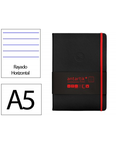 Cuaderno con gomilla antartik notes tapa dura a5 hojas rayas negro y rojo 100 hojas 80 gr fsc