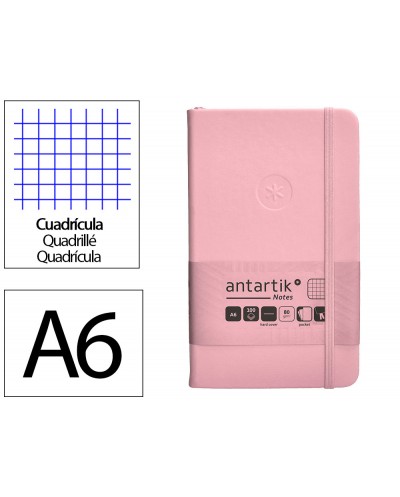 Cuaderno con gomilla antartik notes tapa dura a6 hojas cuadricula rosa pastel 100 hojas 80 gr fsc