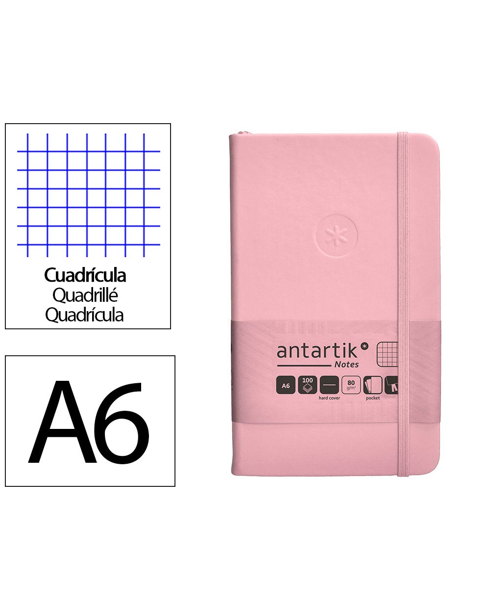 Cuaderno con gomilla antartik notes tapa dura a6 hojas cuadricula rosa pastel 100 hojas 80 gr fsc