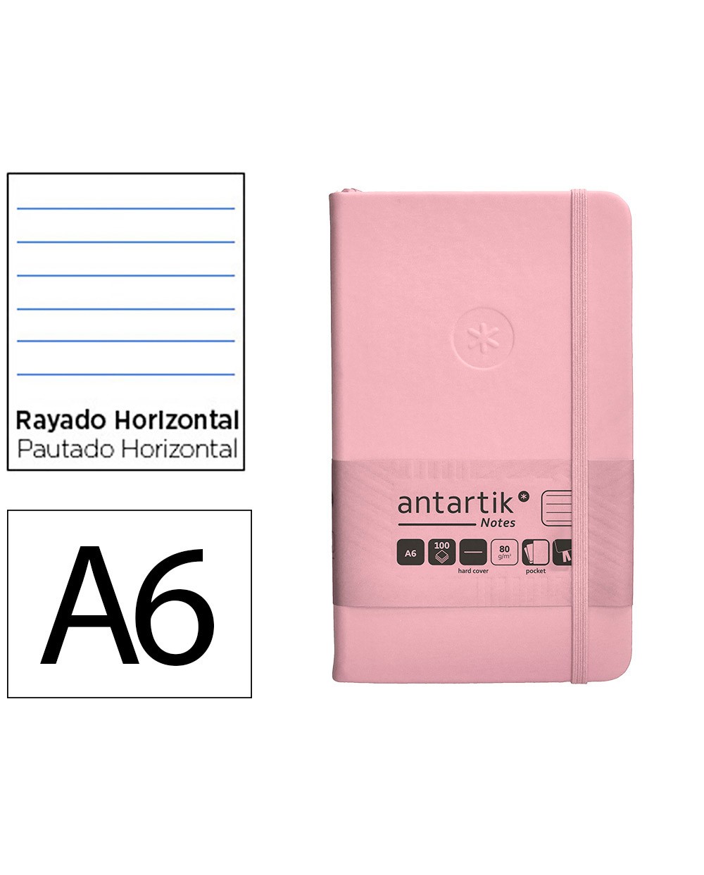 Cuaderno con gomilla antartik notes tapa dura a6 hojas rayas rosa pastel 100 hojas 80 gr fsc