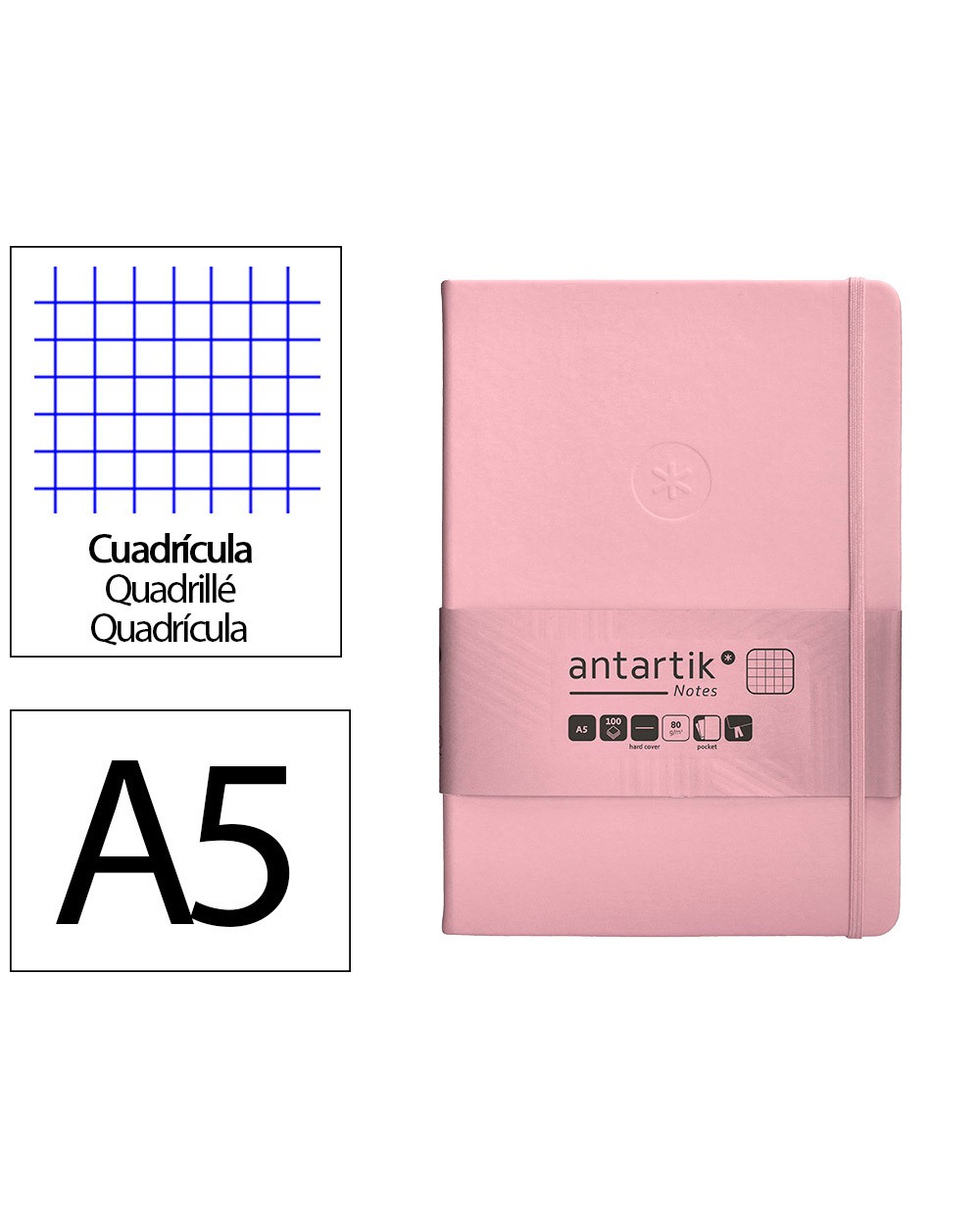 Cuaderno con gomilla antartik notes tapa dura a5 hojas cuadricula rosa pastel 100 hojas 80 gr fsc