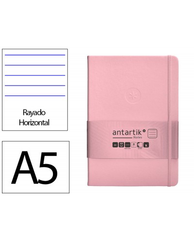 Cuaderno con gomilla antartik notes tapa dura a5 hojas rayas rosa pastel 100 hojas 80 gr fsc