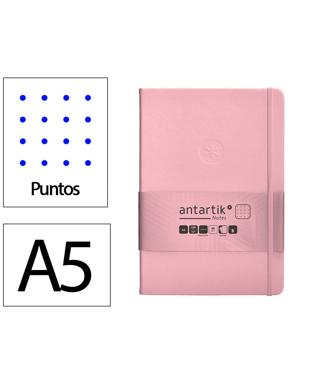 Cuaderno con gomilla antartik notes tapa dura a5 hojas puntos rosa pastel 100 hojas 80 gr fsc