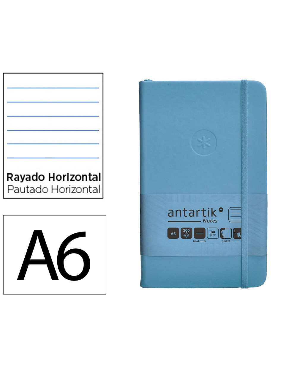 Cuaderno con gomilla antartik notes tapa dura a6 hojas rayas azul claro 100 hojas 80 gr fsc