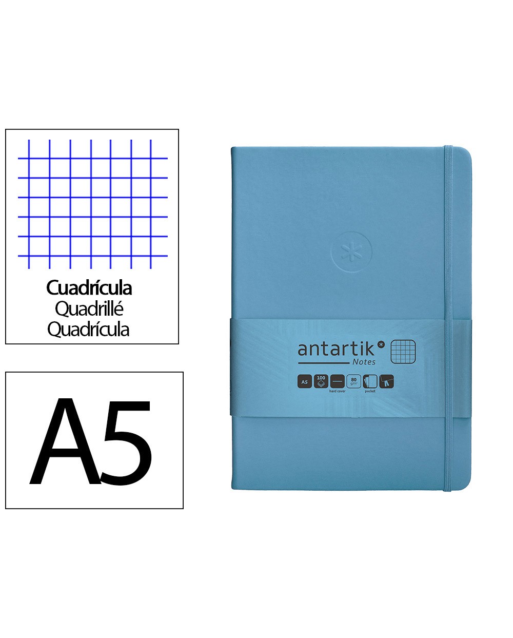 Cuaderno con gomilla antartik notes tapa dura a5 hojas cuadricula azul claro 100 hojas 80 gr fsc