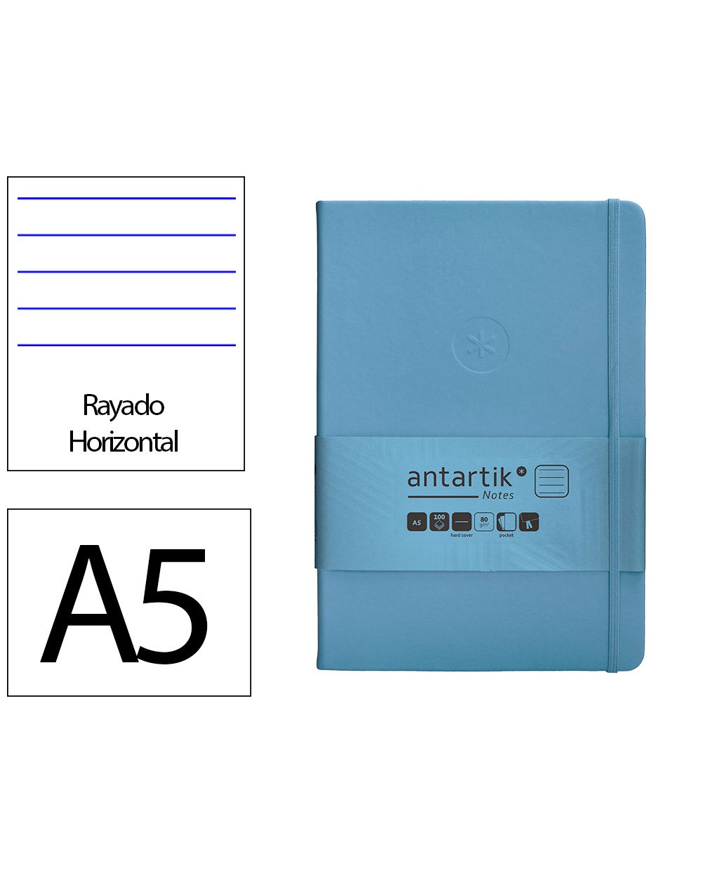 Cuaderno con gomilla antartik notes tapa dura a5 hojas rayas azul claro 100 hojas 80 gr fsc