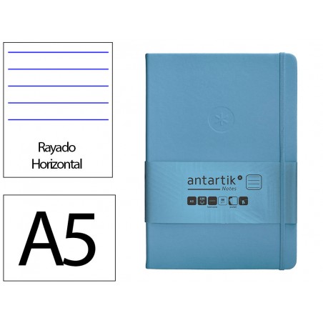 Cuaderno con gomilla antartik notes tapa dura a5 hojas rayas azul claro 100 hojas 80 gr fsc