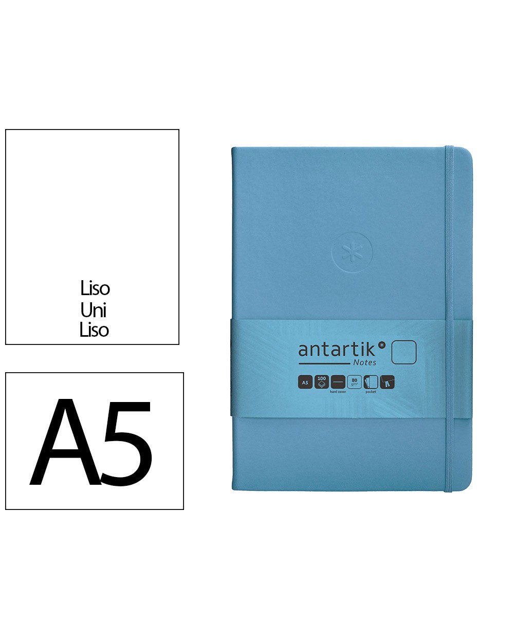 Cuaderno con gomilla antartik notes tapa dura a5 hojas lisas azul claro 100 hojas 80 gr fsc