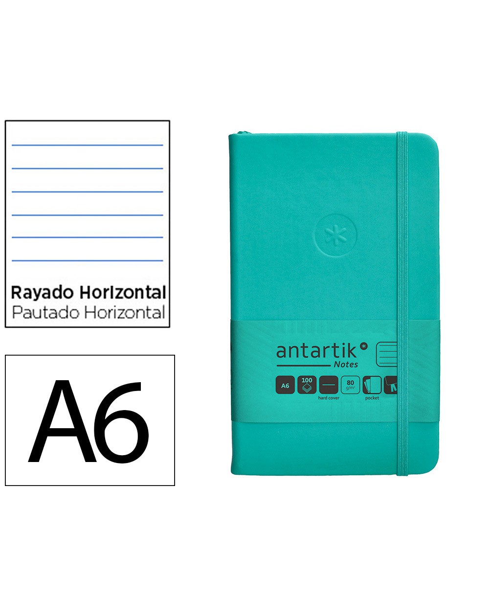 Cuaderno con gomilla antartik notes tapa dura a6 hojas rayas turquesa 100 hojas 80 gr fsc