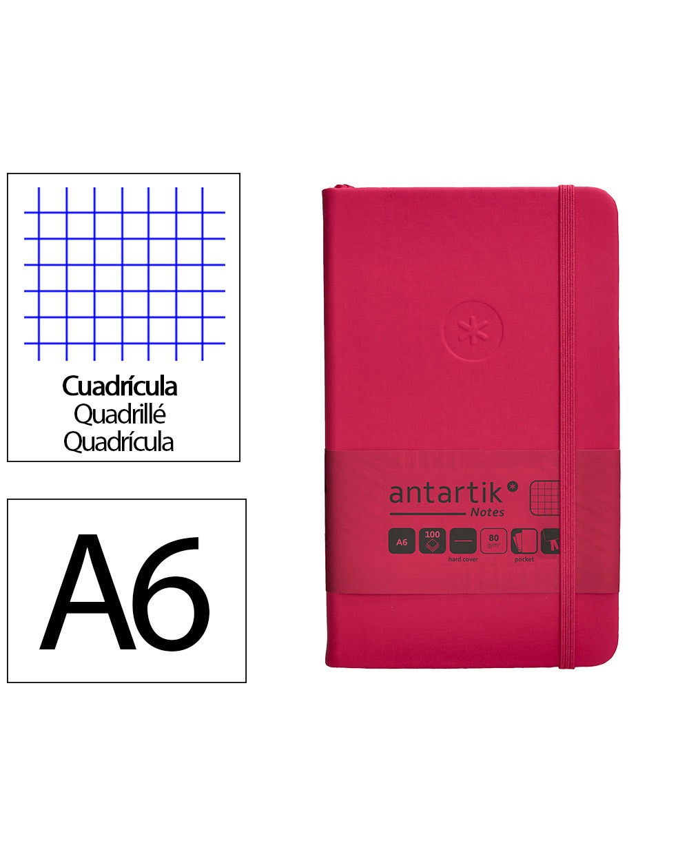 Cuaderno con gomilla antartik notes tapa dura a6 hojas cuadricula burdeos 100 hojas 80 gr fsc