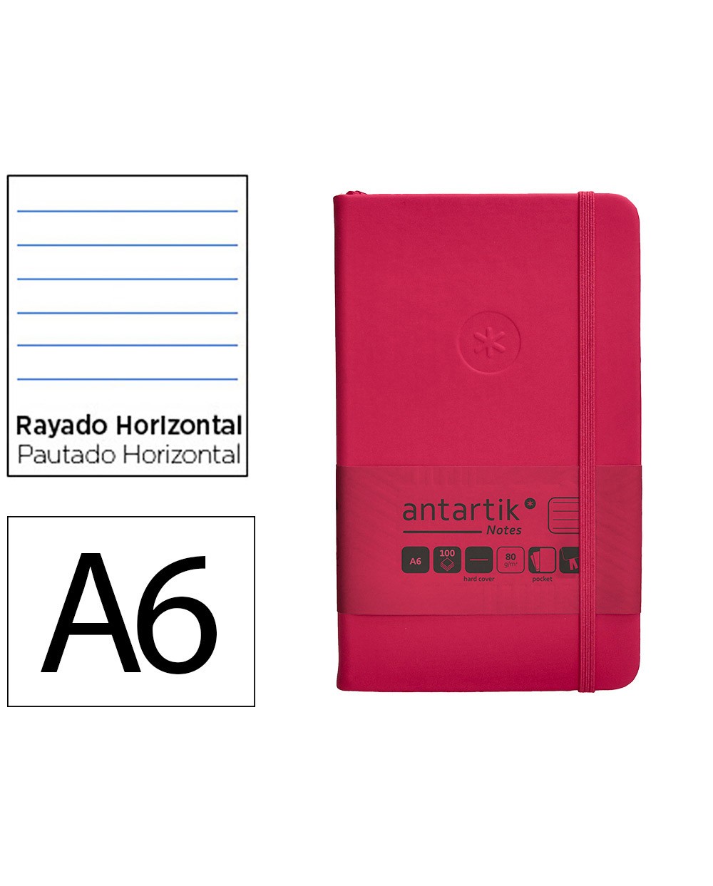 Cuaderno con gomilla antartik notes tapa dura a6 hojas rayas burdeos 100 hojas 80 gr fsc