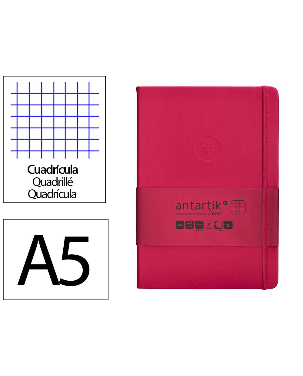 Cuaderno con gomilla antartik notes tapa dura a5 hojas cuadricula burdeos 100 hojas 80 gr fsc