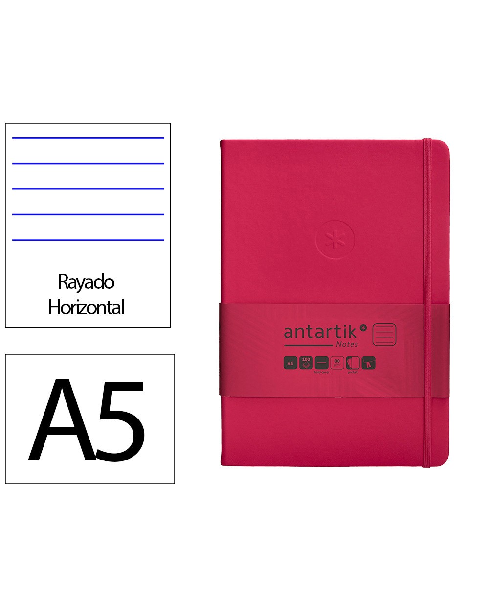 Cuaderno con gomilla antartik notes tapa dura a5 hojas rayas burdeos 100 hojas 80 gr fsc