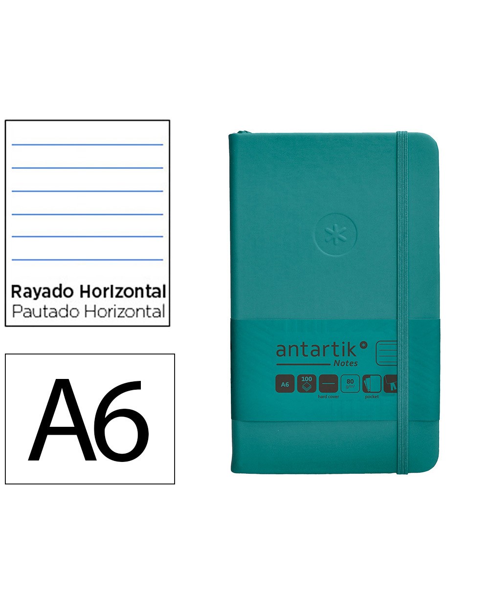 Cuaderno con gomilla antartik notes tapa dura a6 hojas rayas verde aguamarina 100 hojas 80 gr fsc