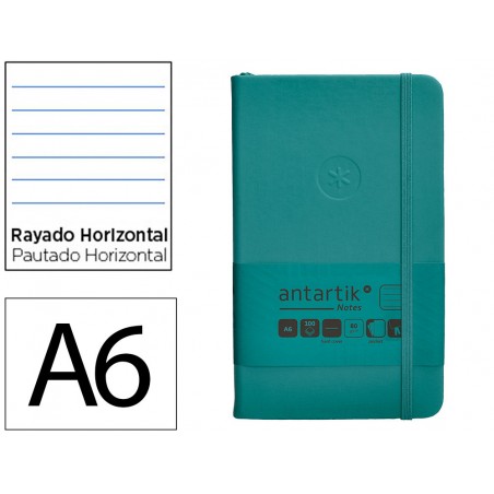 Cuaderno con gomilla antartik notes tapa dura a6 hojas rayas verde aguamarina 100 hojas 80 gr fsc