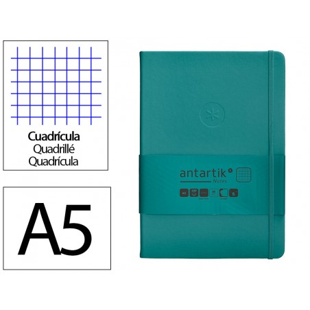 Cuaderno con gomilla antartik notes tapa dura a5 hojas cuadricula verde aguamarina 100 hojas 80 gr