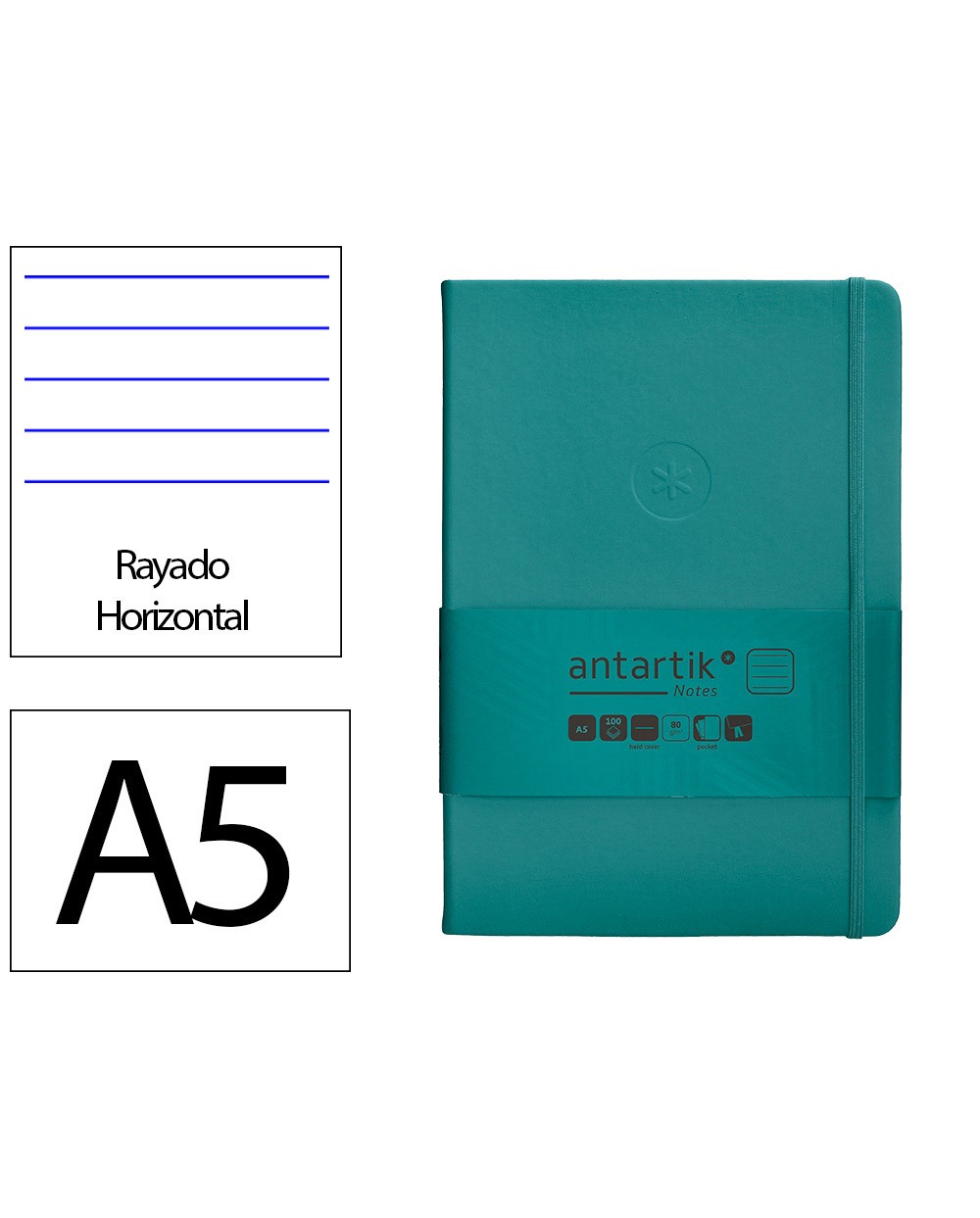 Cuaderno con gomilla antartik notes tapa dura a5 hojas rayas verde aguamarina 100 hojas 80 gr fsc