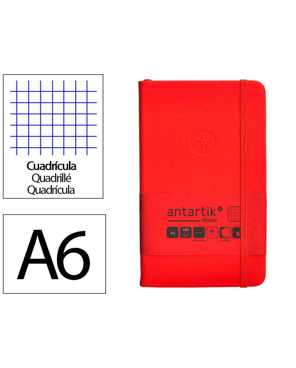 Cuaderno con gomilla antartik notes tapa dura a6 hojas cuadricula rojo 100 hojas 80 gr fsc