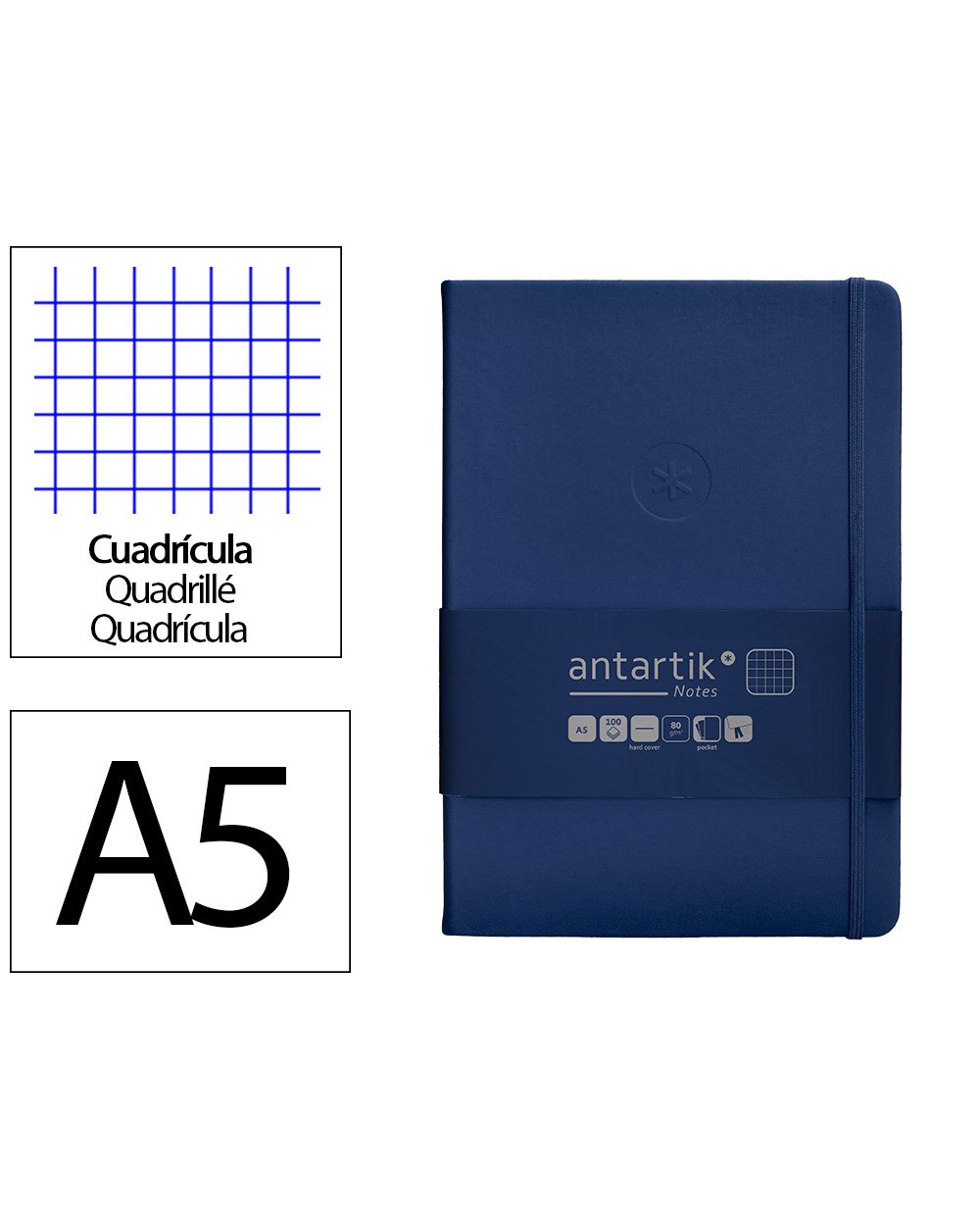 Cuaderno con gomilla antartik notes tapa dura a5 hojas cuadricula azul marino 100 hojas 80 gr fsc