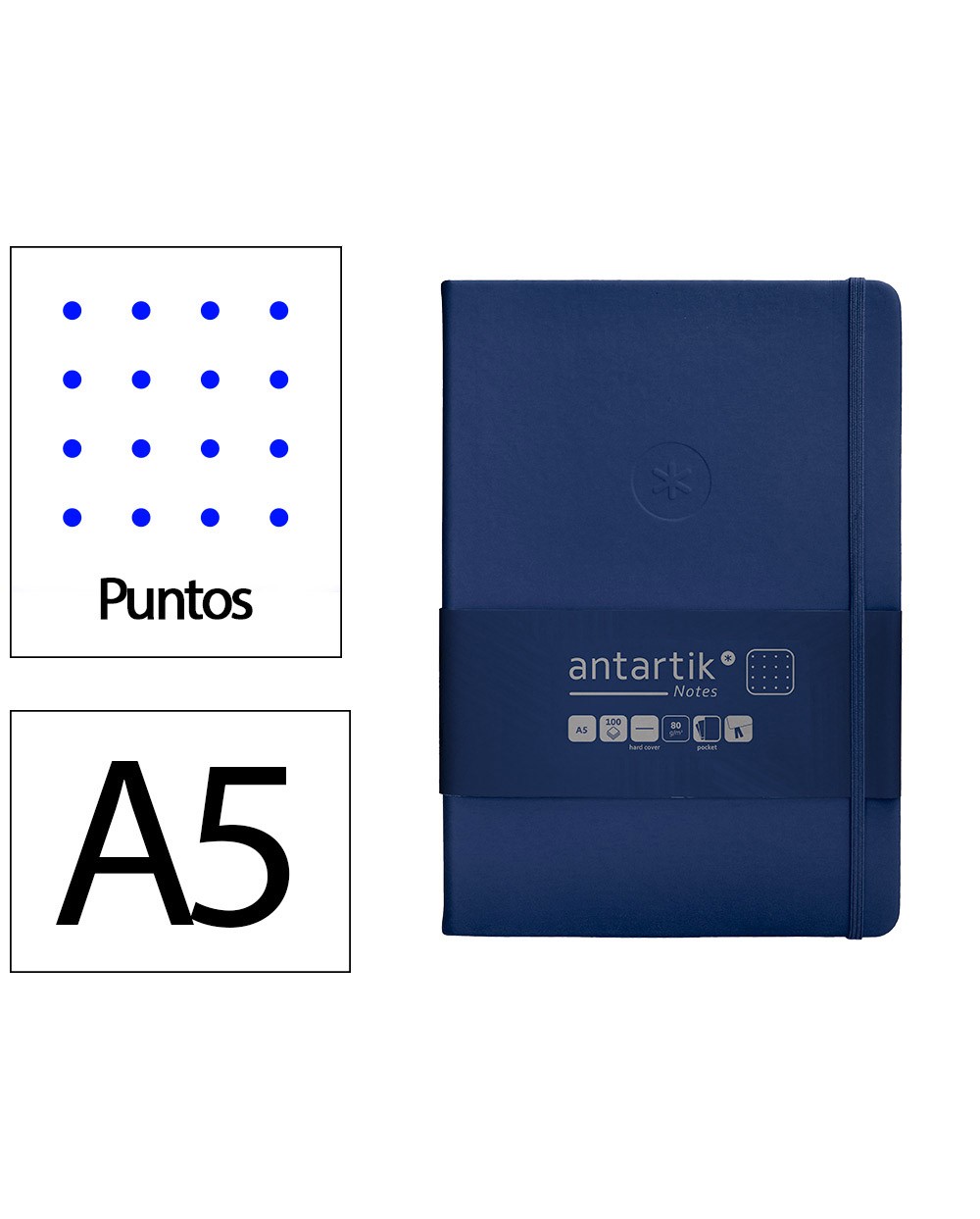 Cuaderno con gomilla antartik notes tapa dura a5 hojas puntos azul marino 100 hojas 80 gr fsc