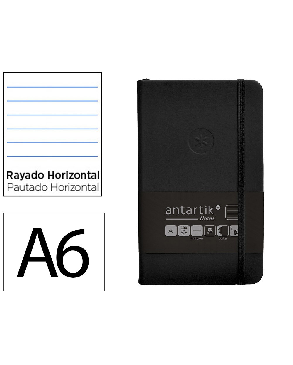 Cuaderno con gomilla antartik notes tapa dura a6 hojas rayas negro 100 hojas 80 gr fsc