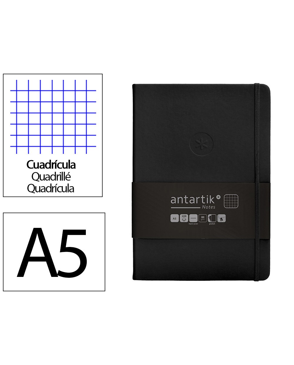 Cuaderno con gomilla antartik notes tapa dura a5 hojas cuadricula negro 100 hojas 80 gr fsc