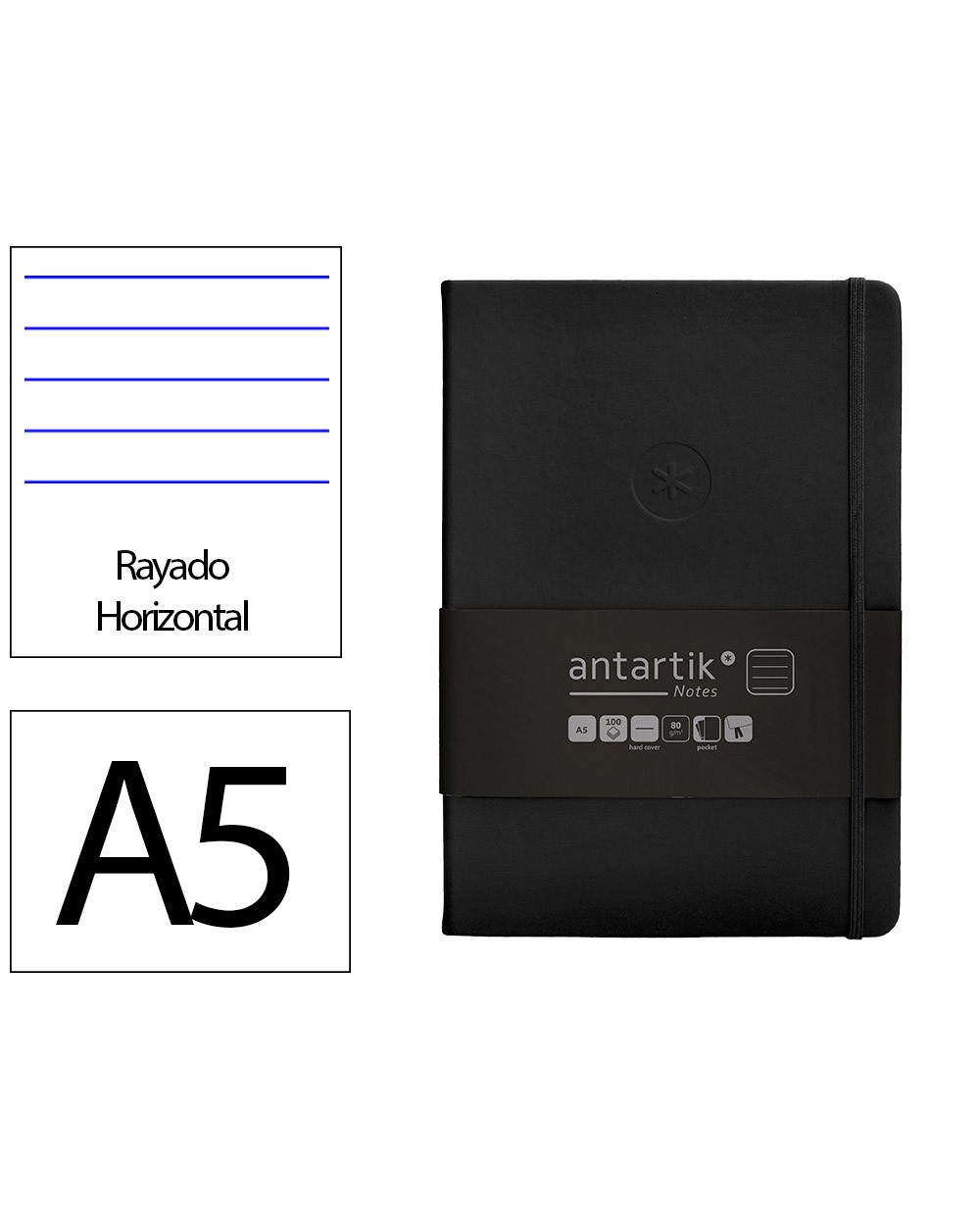 Cuaderno con gomilla antartik notes tapa dura a5 hojas rayas negro 100 hojas 80 gr fsc