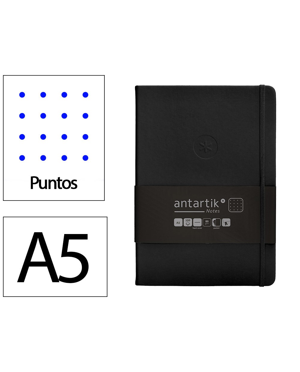 Cuaderno con gomilla antartik notes tapa dura a5 hojas puntos negro 100 hojas 80 gr fsc