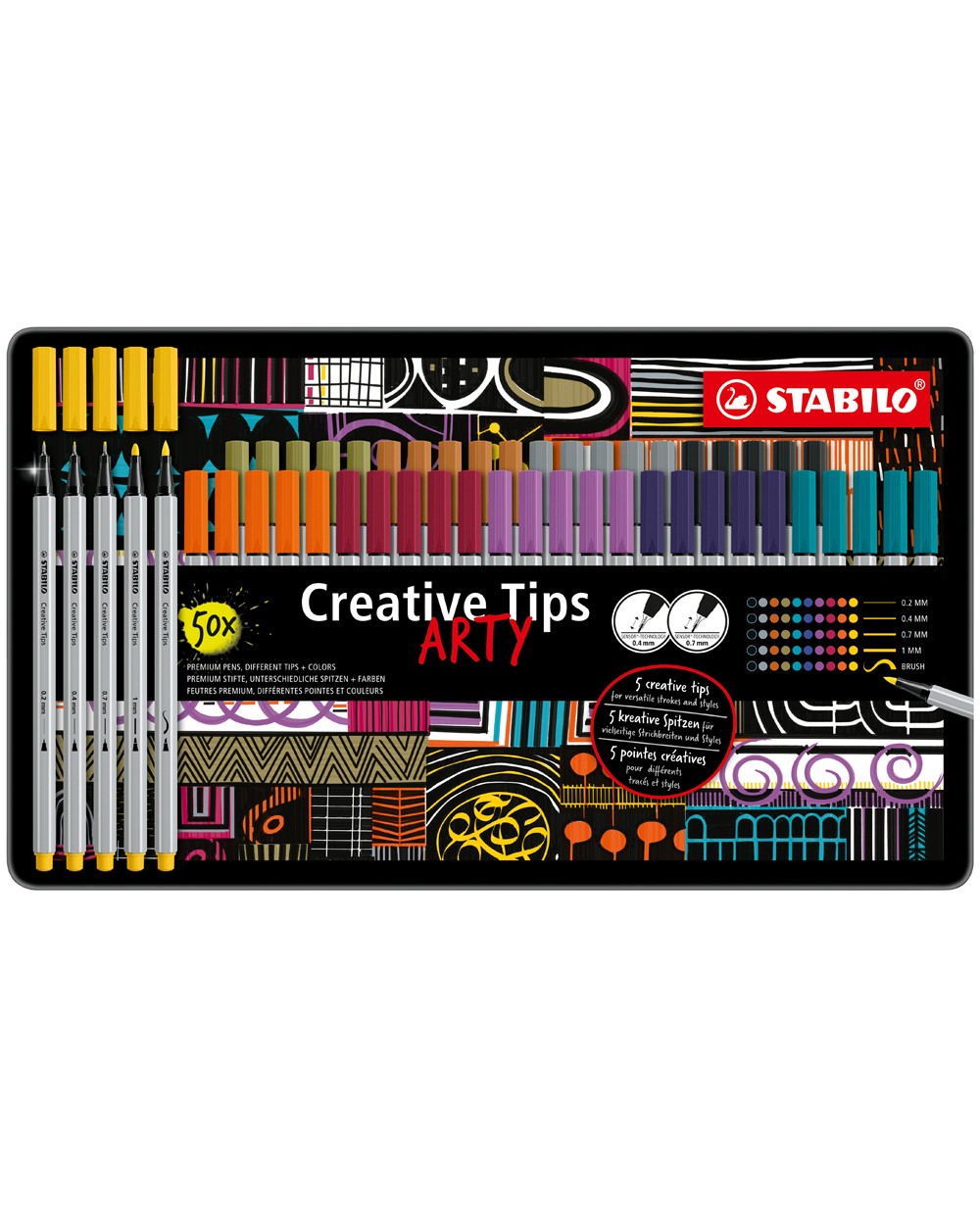 Rotulador stabilo creative tips arty line pastel 5 puntas diferentes por color estuche metalico de 30