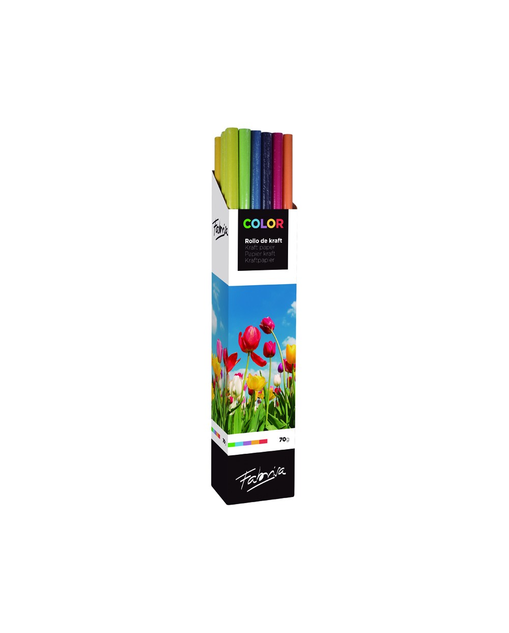 Papel kraft fabrisa color rollo 1 x 3 mt expositor de 30 unidades colores surtidos