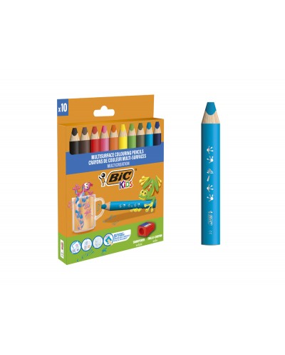 Lapices de colores bic multisuperficies triangulares mina borrable caja de 10 unidades colores surtidos 