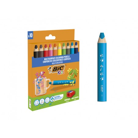 Lapices de colores bic multisuperficies triangulares mina borrable caja de 10 unidades colores surtidos 