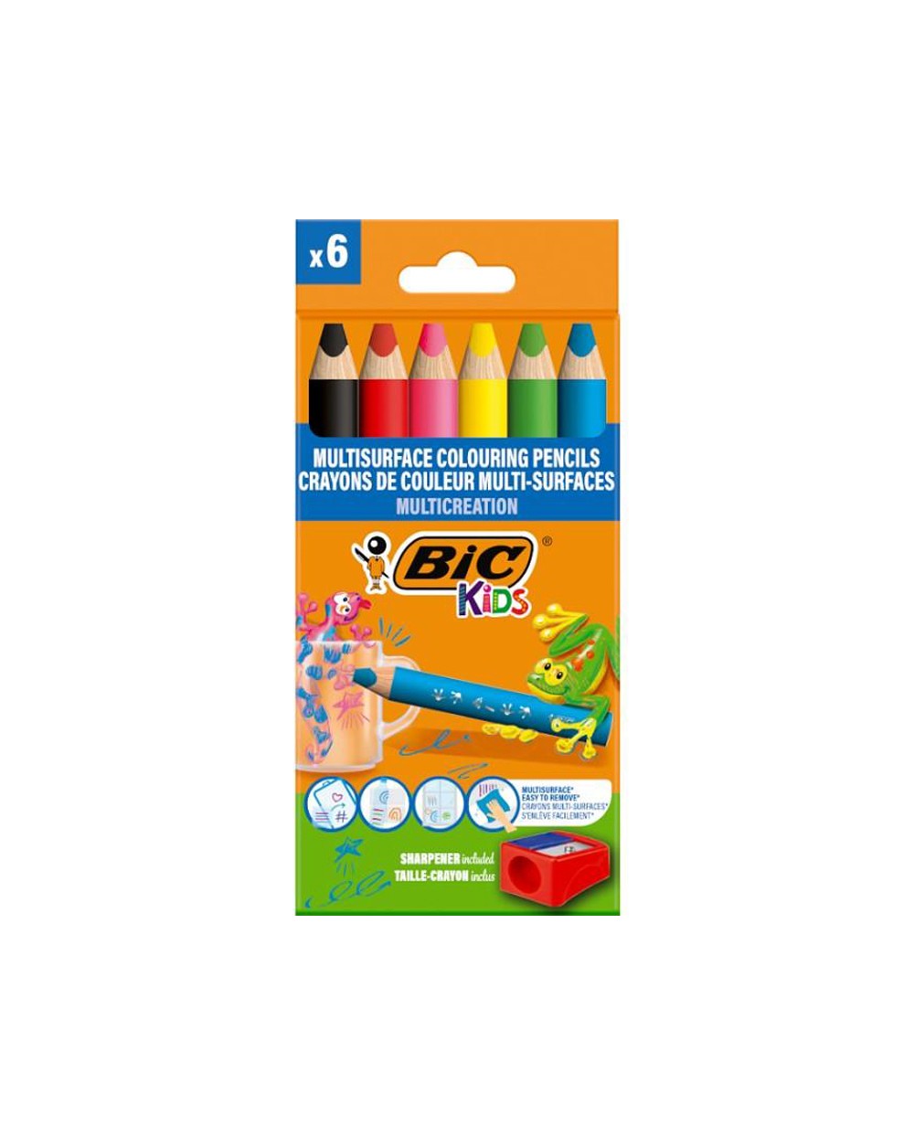 Lapices de colores bic multisuperficies triangulares mina borrable caja de 6 unidades colores surtidos 