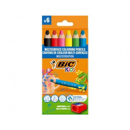 Lapices de colores bic multisuperficies triangulares mina borrable caja de 6 unidades colores surtidos 