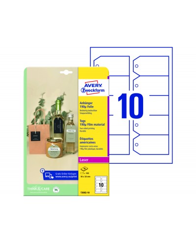 Etiqueta colgante avery blanca 90x50 mm imprimible doble cara plastico 190 mc pack de 100 unidades