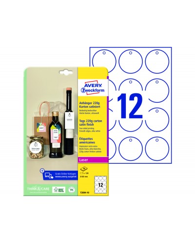 Etiqueta colgante avery blanca 60 mm diametro imprimible doble cara carton 220 gr pack de 120 unidades