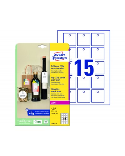 Etiqueta colgante avery blanca 50x50 mm imprimible doble cara carton 220 gr pack de 150 unidades