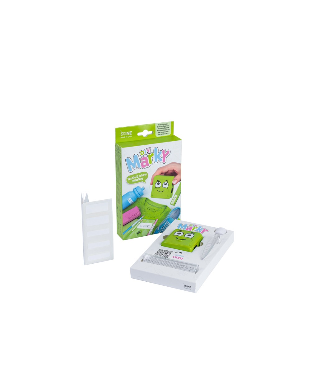 Sello marcador de ropa marky infantil verde incluye tinta kit de etiquetas y cinta termoadhesiva