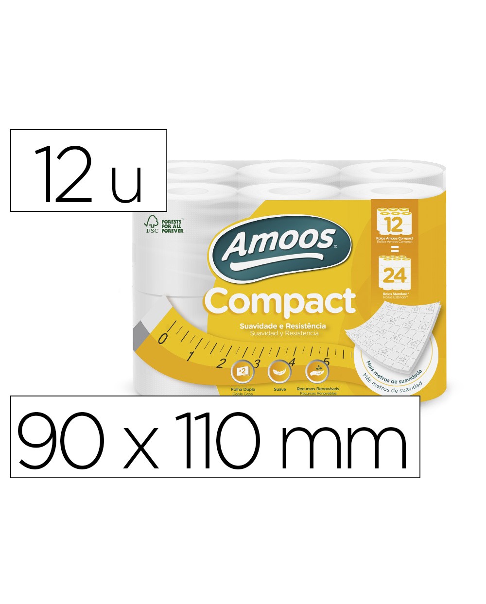 Papel higienico amoos 2 capas 110 mm diametro x 90 mm alto 30 gr m2 paquete de 12 rollos