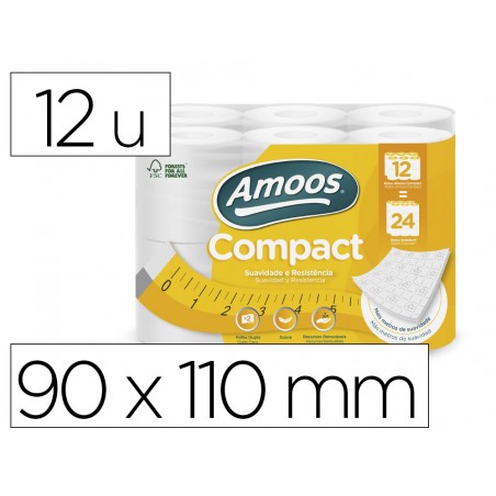 Papel higienico amoos 2 capas 110 mm diametro x 90 mm alto 30 gr m2 paquete de 12 rollos