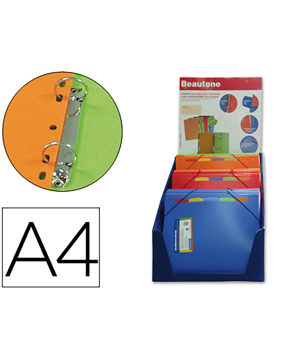 Carpeta beautone 4 anillas 25 mm con 5 separador 3 solapacierre goma polipropileno din a4 expositor 12 unidades