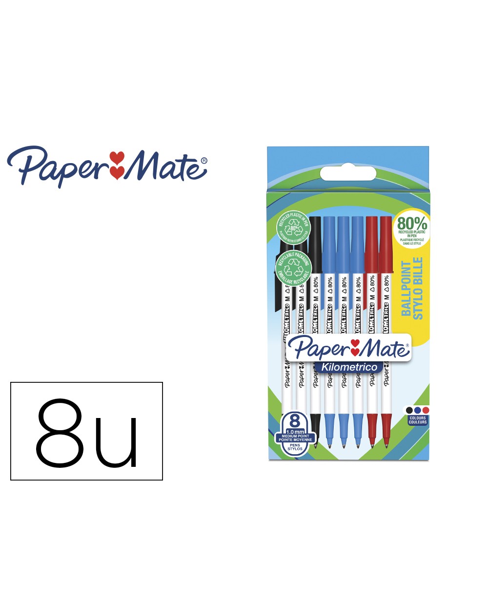 Boligrafo paper mate kilometrico punta 1 mm plastico reciclado 80 blister de 3 negros 3