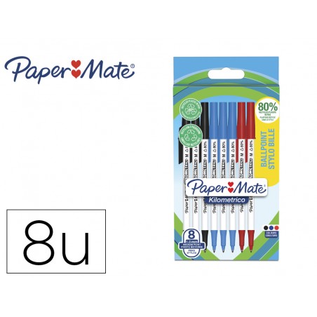 Boligrafo paper mate kilometrico punta 1 mm plastico reciclado 80 blister de 3 negros 3