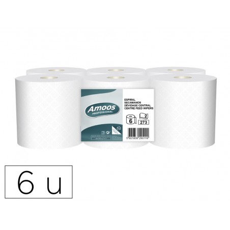 Papel secamanos amoos industrial 2 capas 32g m2 blanco 90 mt paquete de 6 rollos