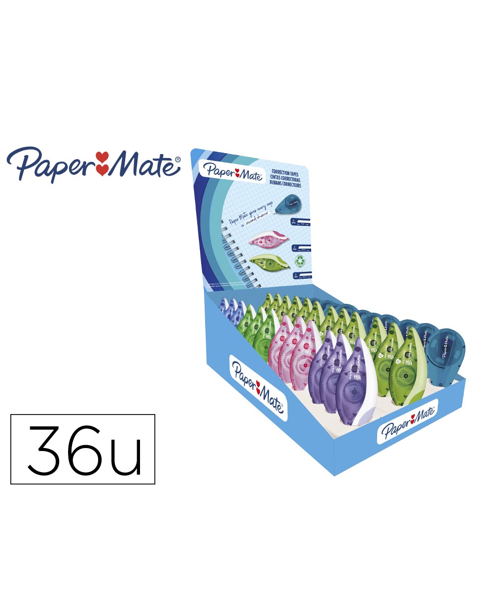 Corrector paper mate cinta dryline grip expositor de 36 unidades colores surtidos