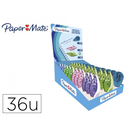 Corrector paper mate cinta dryline grip expositor de 36 unidades colores surtidos