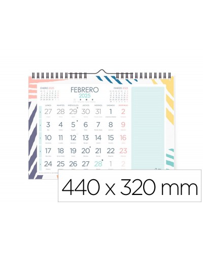 Calendario espiral pared liderpapel joven 2025 numeros grandes 44x32 cm papel 128 gr con pegatinas