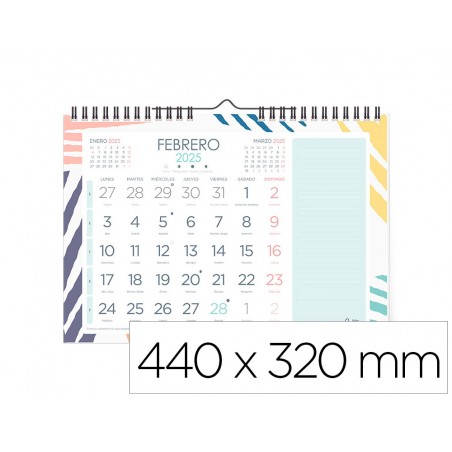 Calendario espiral pared liderpapel joven 2025 numeros grandes 44x32 cm papel 128 gr con pegatinas